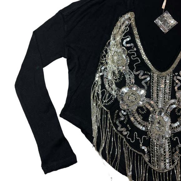 ⚡️SOLD⚡️Free People Mesh Sequin Beaded Fringe Black Long Sleeve Top - Picture 4 of 15